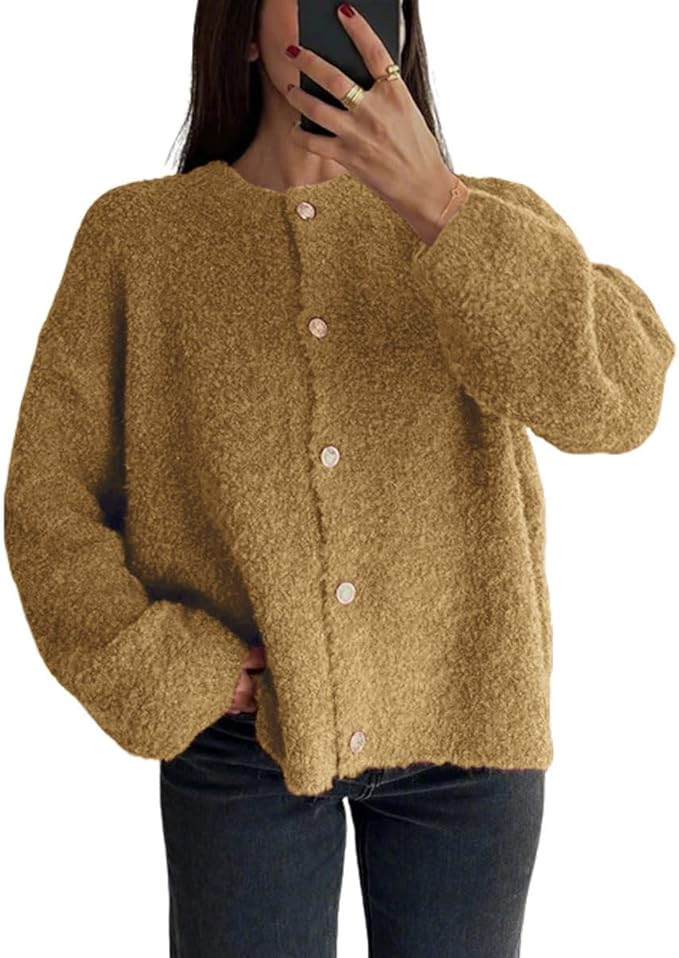 CHARTOU Women Fuzzy Knit Sweater Long Sleeve Crewneck Loose Open Front Cardigan Tops | Amazon (US)