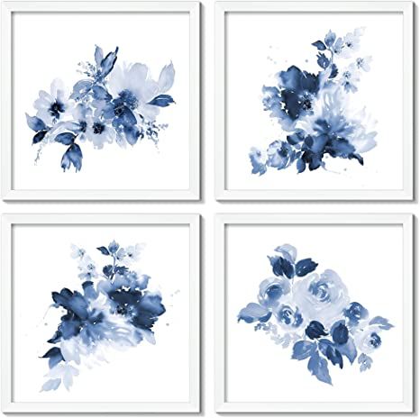 ArtbyHannah 10x10 Framed Blue Flower Wall Art Set of 4 with White Frames Floral Print for Gallery... | Amazon (US)