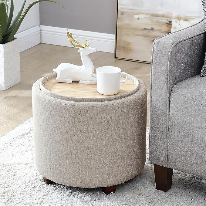 Ornavo Home Lawrence Round Storage Ottoman with Lift Off Lid and Tray Lid Coffee Table, Ottoman w... | Amazon (US)