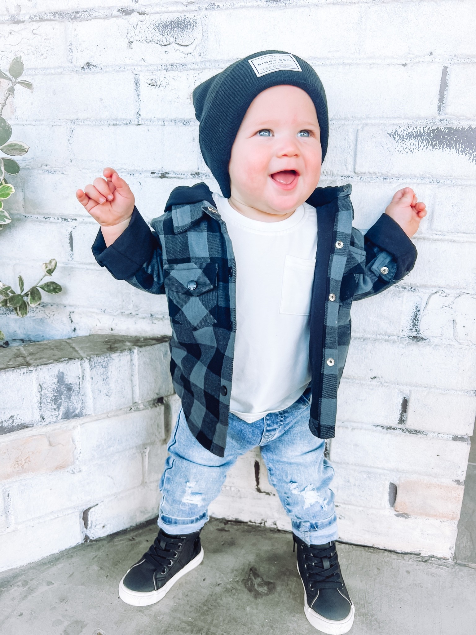 Baby boy toddler fall outfit beanie distressed jeans plaid flannel bamboo tee little Bipsy, worn wild 

#LTKbaby #LTKfamily #LTKkids