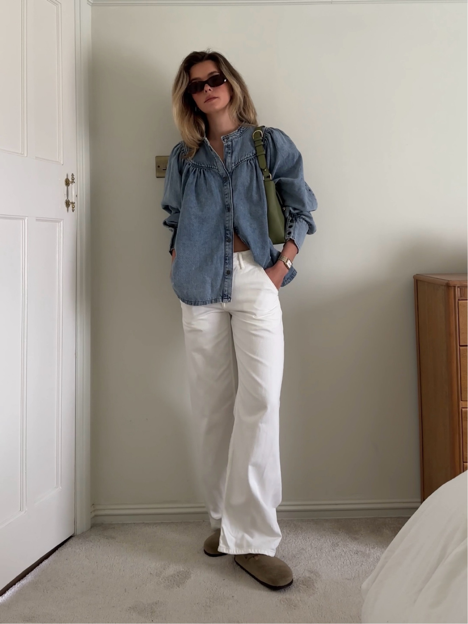Gant, white jeans, denim shirt, Arket, Ba&sh, Birkenstock Boston, clog, summer outfit, double denim, Strathberry, green bag  

#LTKuk #LTKstyletip #LTKeurope
