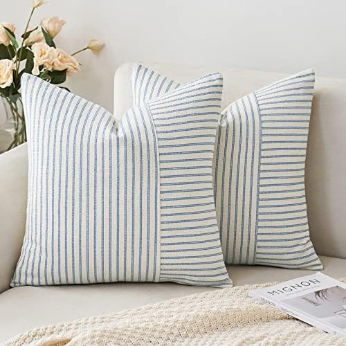 MIULEE Light Blue and Beige Patchwork Farmhouse Pillow Covers 18x18 Inch, Pack of 2 Striped Linen... | Amazon (US)