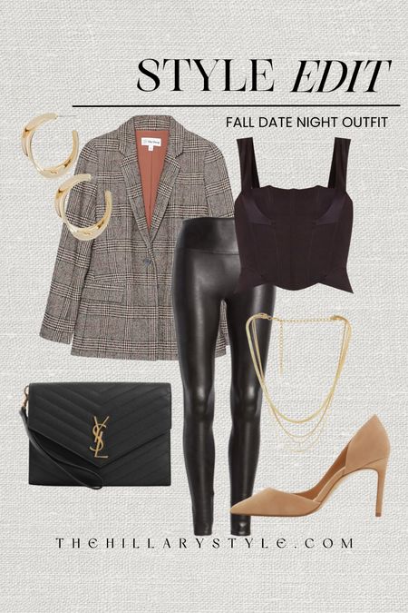 Style Edit: Fall Date Night Outfit. Leather look leggings, plaid blazer, corset top, nude pumps, black clutch, handbag, gold layered necklace, gold hoop earrings. Fall outfit, fall fashion, fall date night look, fall dressy outfit, fall date look.

#LTKitbag #LTKstyletip #LTKSeasonal