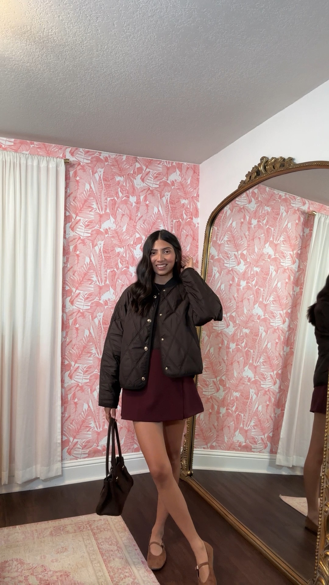 fall fashion, fall outfits, fall outfit Inspo, skort, shoulder bag, jacket, ballet flats, autumn