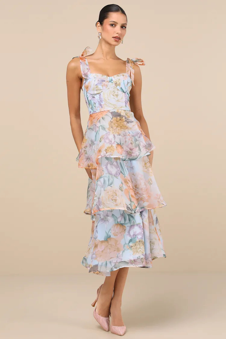 Playfully Posh Blue Floral Organza Tie-Strap Tiered Midi Dress | Lulus