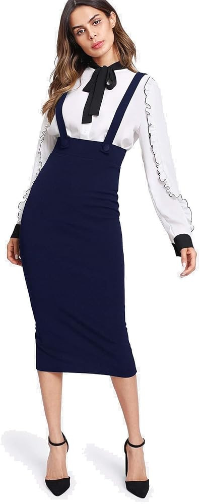 Milumia Women Strap Slit Back High Waist Pencil Bodycon Midi Suspender Pinafore Skirts | Amazon (US)