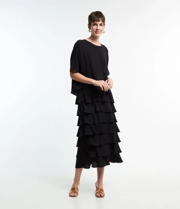 Vestido Longo Manga 3/4 em Voal com Babados Sobrepostos Preto | Renner (BR)