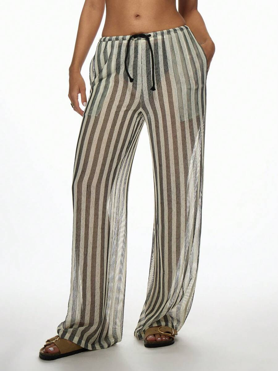 MISSGUIDED Crochet Knit Stripe Pattern Straight Leg Trousers With Drawstring | SHEIN