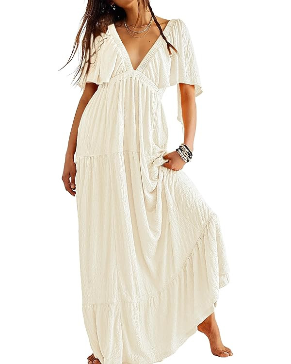 Kikibell Women Summer Dresses Sexy V-Neck Maxi Dress Tiered Silhouette with Flutter Sleeve Backle... | Amazon (US)