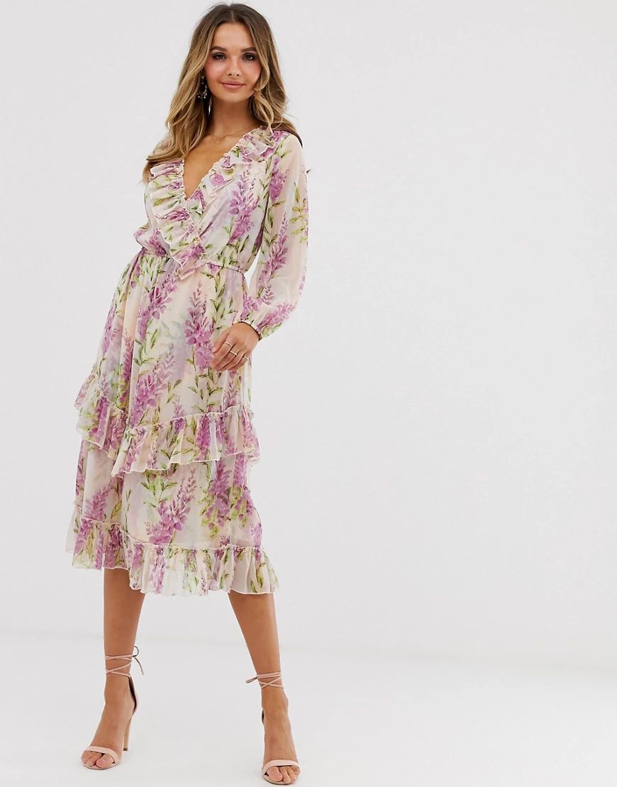 River Island midi dress with ruffle detail in pink floral-Purple | ASOS (Global)