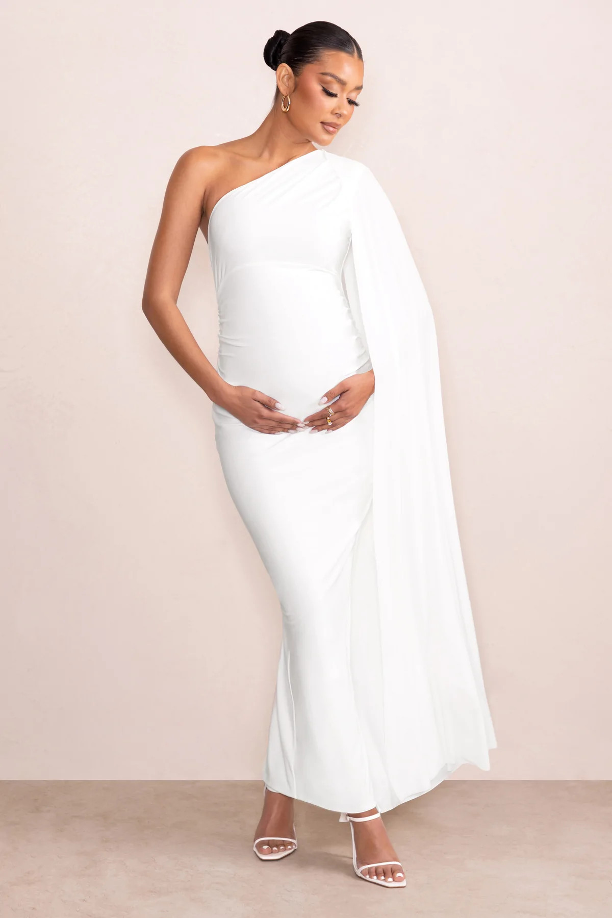 Amaryllis | White Maternity One Shoulder Maxi Dress with Cape Sleeve | Club L London
