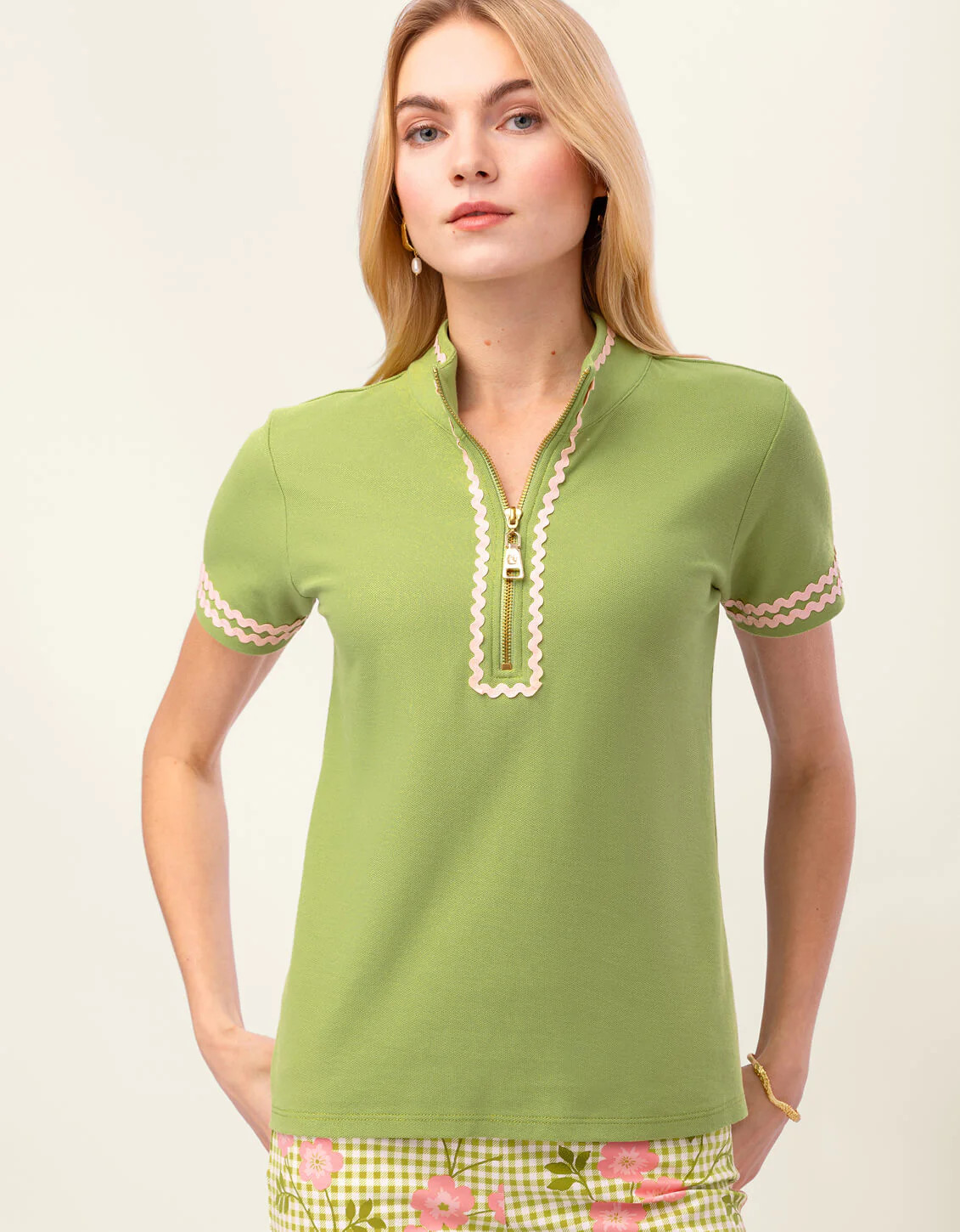 Serena Ric Rac Short Sleeve Zip Top Green Meadow | Spartina 449