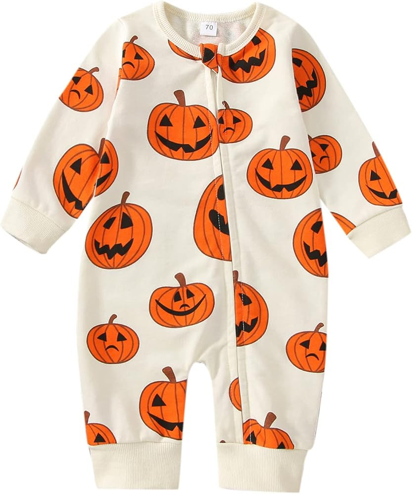 Baby Boy Girl Halloween Outfit Pumpkin Romper Jumpsuit Zip Up Sleep Pjs Cute Halloween Family Matchi | Amazon (US)