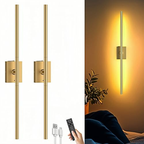 Battery Operated Wall Sconces Set of Two: Dimmable Wireless Wall Lights with Remote, 31-inch LED Rechargeable Sconces, 360° Lighting Wall Scone Decor for TV, Mirror, Bedroom, Living Room(Gold) | Amazon (US)