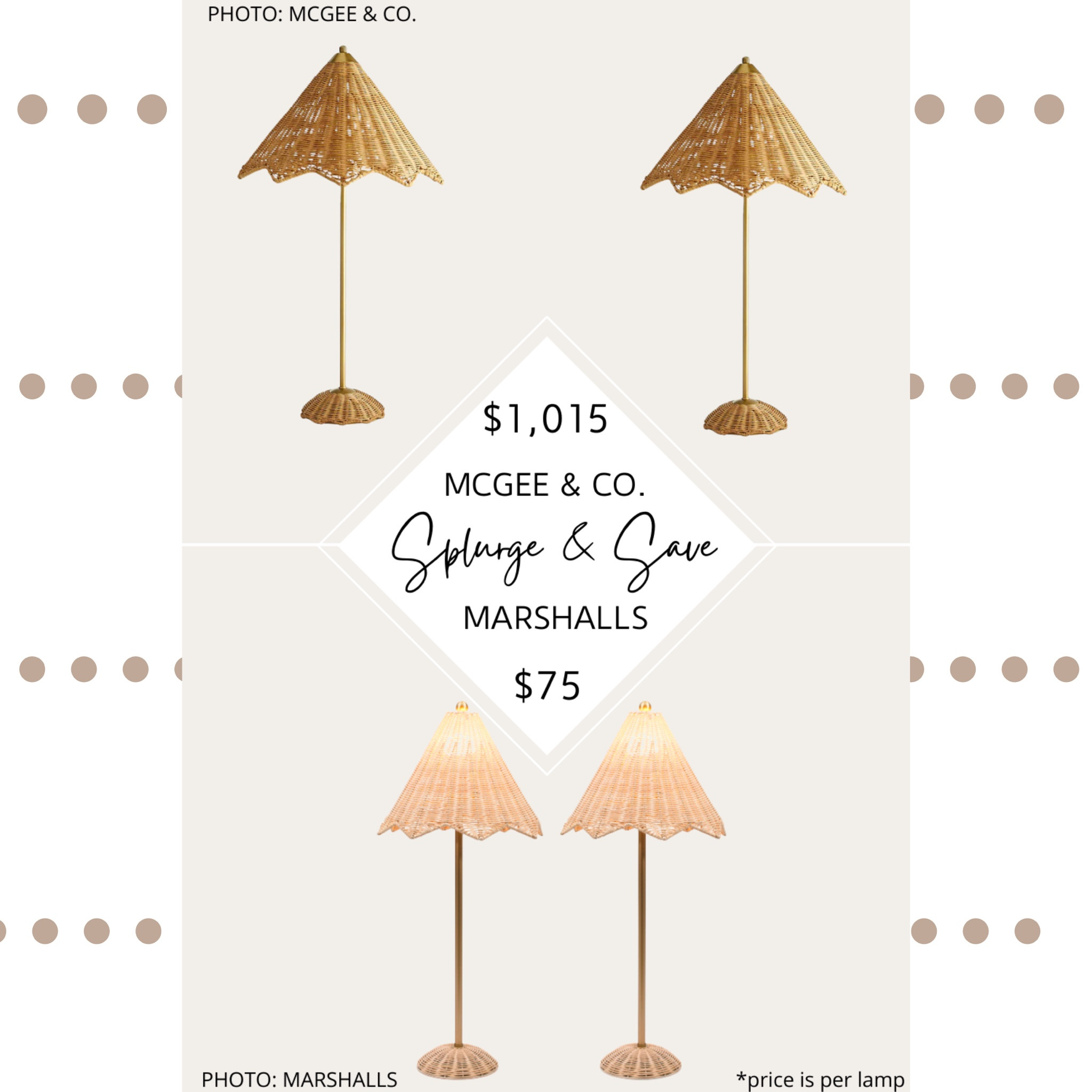 🚨Brand new find🚨 When it comes to elevating your home decor, lighting can make all the difference. Throw in some wicker texture and a whimsical shape, and you’ve got yourself a versatile light that can be styled in a variety of homes. 

I have three stylish and functional rattan table lamps on three different budgets for you: the McGee and Co. Parasol Lamp, the  Marshalls Lillian August Set Of 2 Scalloped Rattan Table Lamps, and the Target Table Lamp with Tapered Rattan Shade Gold - Threshold x Studio McGee 💡

McGee and Co. Parasol lamp dupe. McGee and Co. Dupes. McGee and Co. Looks for less. Studio McGee dupes. McGee and Co. Lighting. Modern traditional lamps.  Transitional lamps. Wicker table lamp. Wicker floor lamp. Scalloped wicker lamp. Budget decor. Marshalls finds. TJ max finds. Studio McGee Target. Studio McGee Target lamp. Parasol lamp. Scalloped lamp. Amber Interiors dupe. Amber interiors lamp dupe. #dupe #lookforless #studiomcgee #mcgeeandco #amberinteriors #decor #homedecor #lighting #light #bedroom #bedsidetable #targetfinds #target #targethome. Target home decor. Target finds. Target home finds  

#LTKsalealert #LTKunder100 #LTKhome