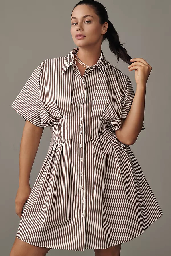 The @heynasreen Tobie Button-Front Pleated Mini Shirt Dress by Exquise | Anthropologie (US)