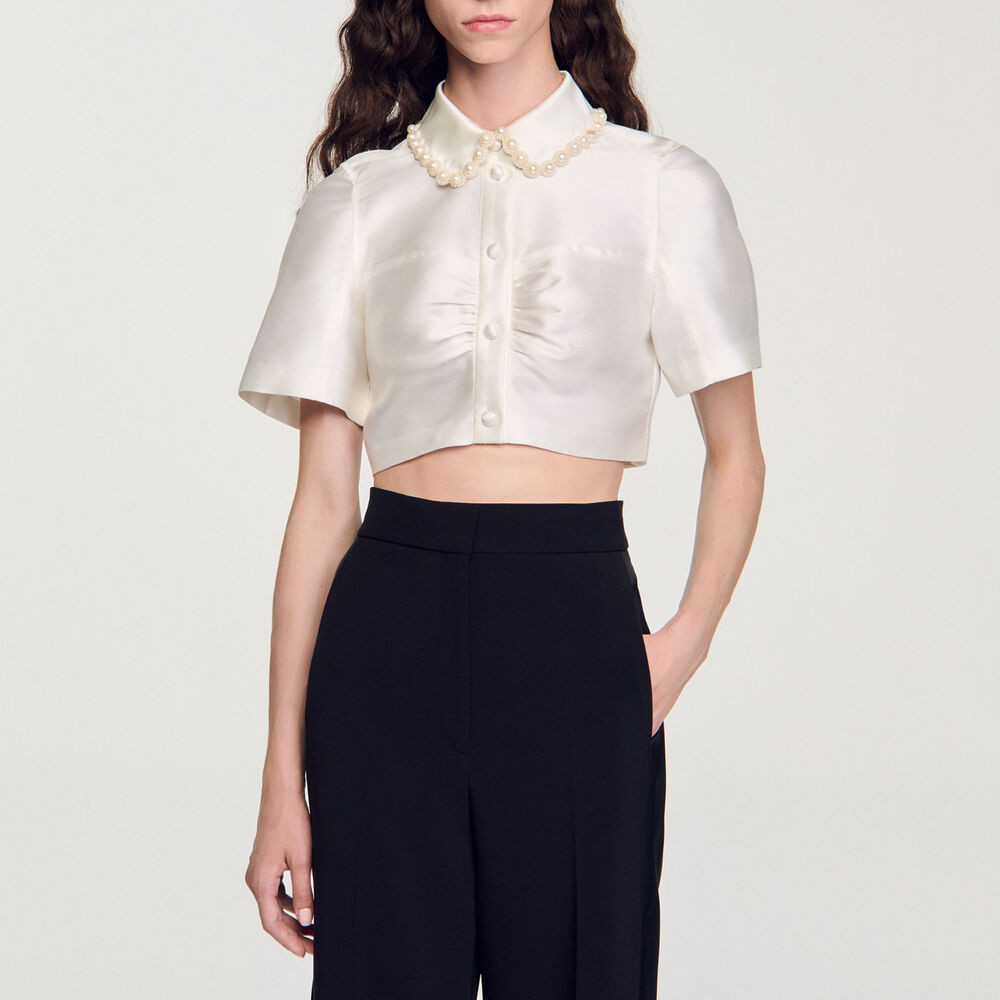 Beaded satin-effect cropped shirt | Sandro US | Sandro-Paris US