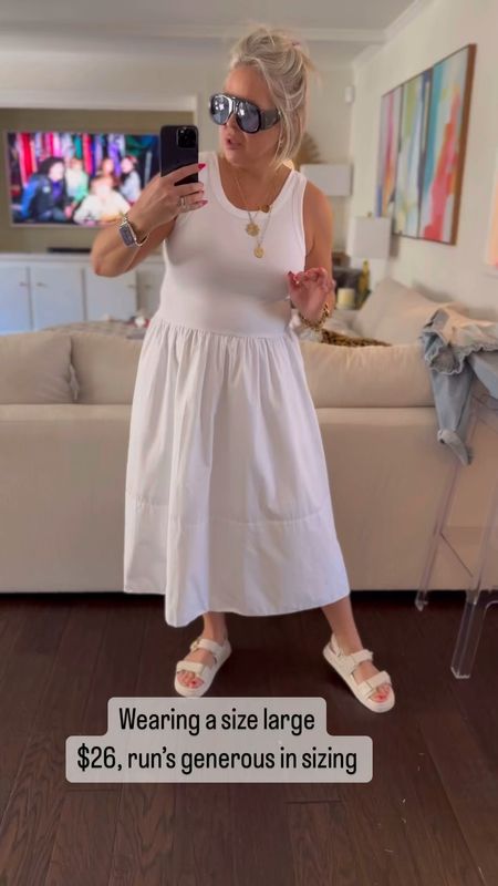 Walmart white dress midsize thick tummy. 
Size large, could size down. 
Has pockets and feels amazing. 


#LTKmidsize #LTKover40 #LTKSeasonal