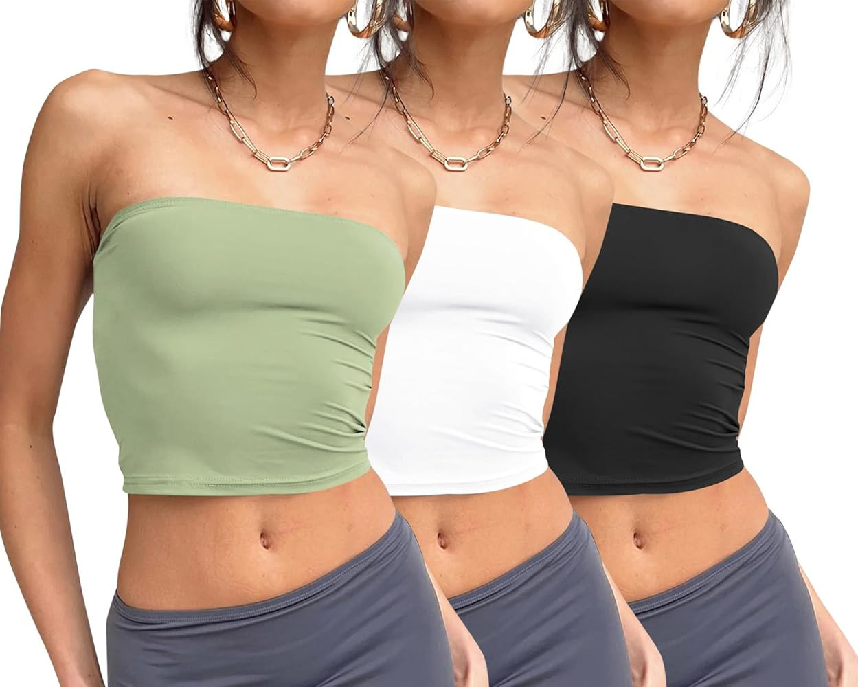 Trendy Queen Womens 3 Pack Tube Tops Crop Going Out Strapless Basic Backless Bandeau Bra Summer O... | Amazon (US)