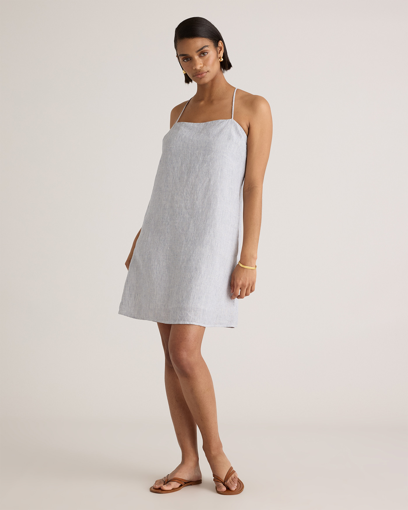 Quince | Women's 100% European Linen Spaghetti Strap Mini Dress in Blue Pinstripe, Size Large | Quince