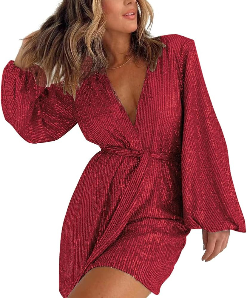 IDOPIP Women V Neck Sparkly Sequin Romper Club Party Long Sleeve Shorts Jumpsuit Glitters Ruffle ... | Amazon (US)