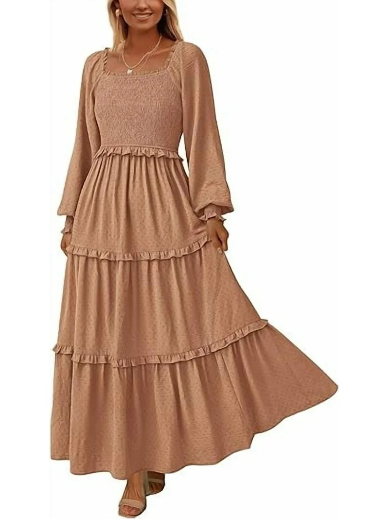 PRETTYGARDEN Women's Spring Long Sleeve Smocked Maxi Dress Casual Square Neck Swiss Dot Tiered Ru... | Walmart (US)