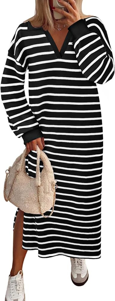 MEROKEETY Women's 2024 Fall Long Sleeve Striped Dress V Neck Collared Side Slit Casual Maxi Dress... | Amazon (US)