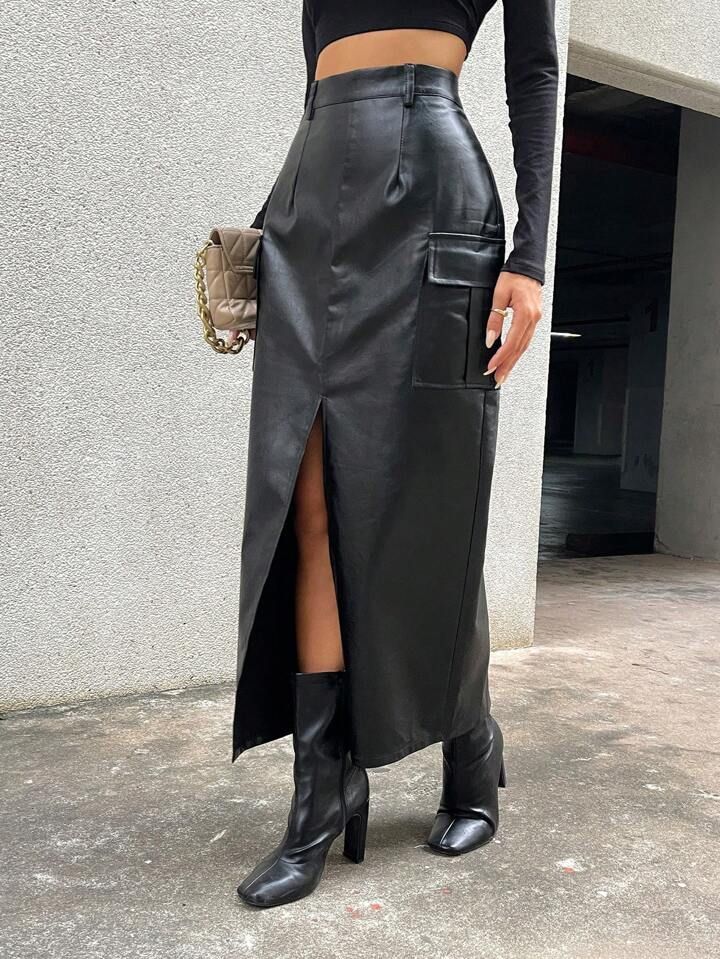 SHEIN Essnce High Waist Flap Pocket Split Thigh PU Leather Skirt | SHEIN