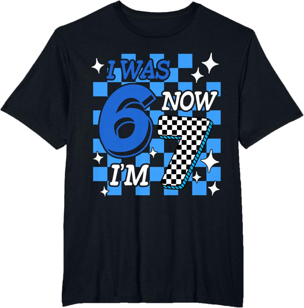 Blue Checkered I was 6 Now I'm 7 Funny 67 Birthday Boy T-Shirt | Amazon (US)