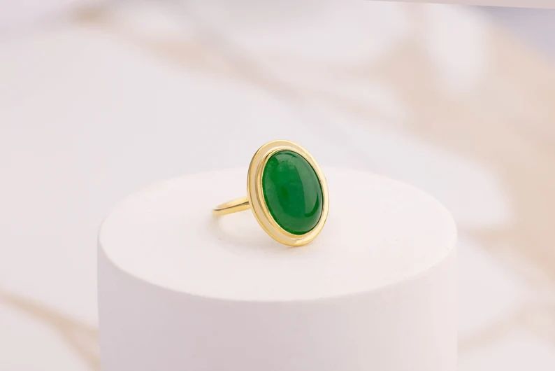 Green Jade Gemstone Ring, 14K Solid Gold Ring, Jade Statement Ring, Green Oval Ring, Wedding Ring... | Etsy (US)