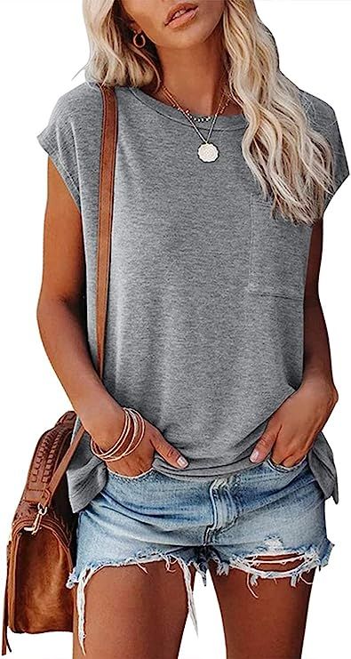 MEROKEETY Women's Casual Cap Sleeve T Shirts Basic Summer Tops Loose Solid Color Blouse with Pock... | Amazon (US)