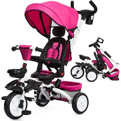 7-in-1 Foldable Baby Tricycle Stroller for Kids Ages 1-5, Toddler Trike with Adjustable Push Handle, Safety Harness, Storage Basket, Cup Holder Pink | Target