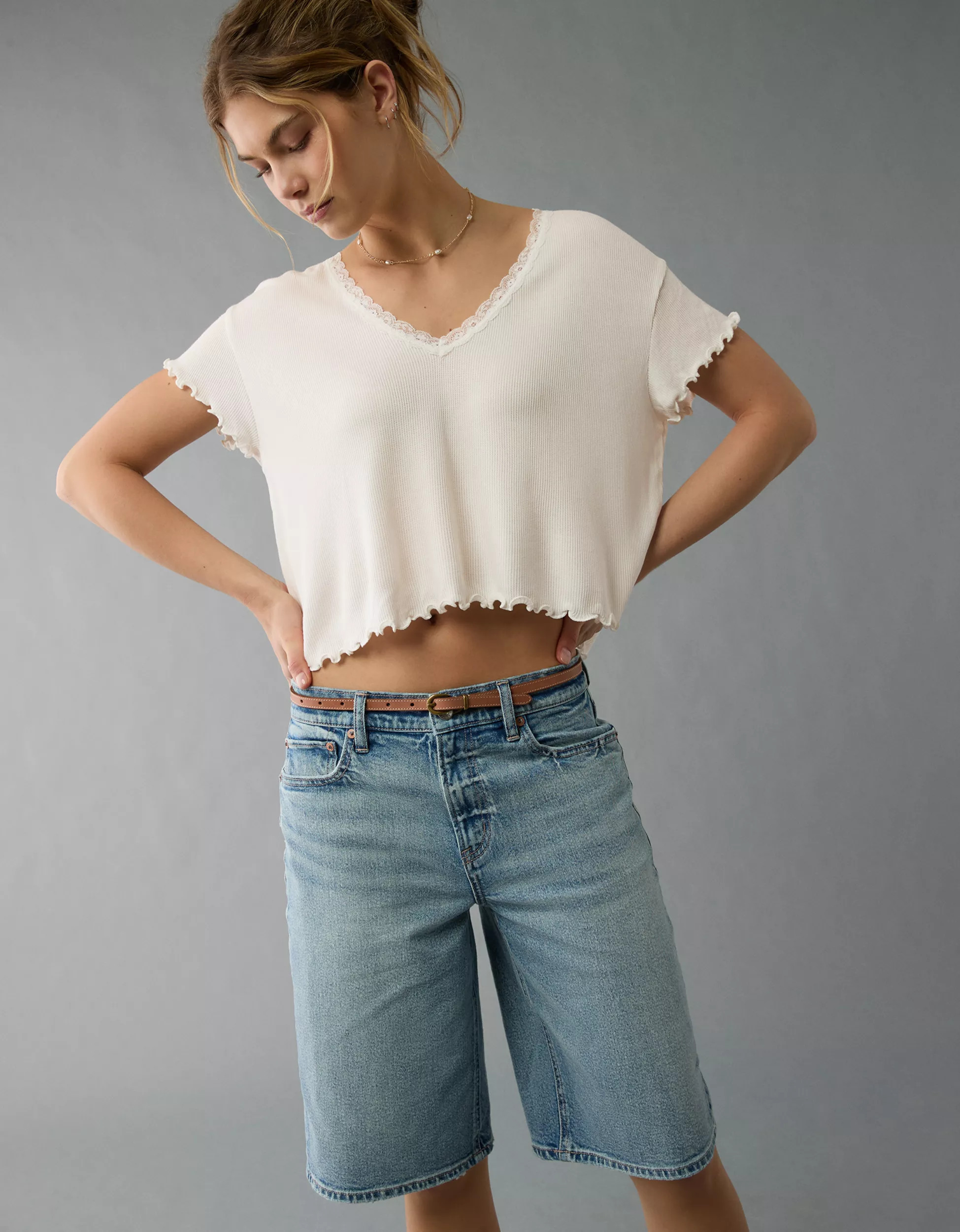 AE Soft & Sexy V-Neck Cropped Waffle T-Shirt | American Eagle Outfitters (US & CA)