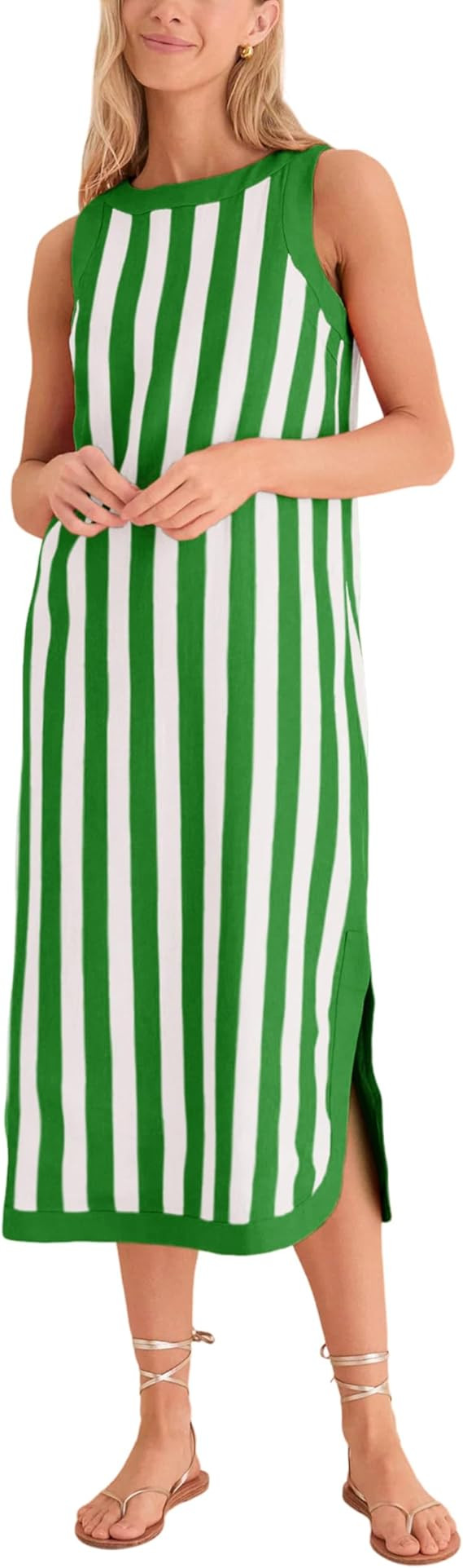 Yidarer Women's Striped Sleeveless Midi Dress Crewneck Side Slit Casual Summer Beach Vacation Shi... | Amazon (US)