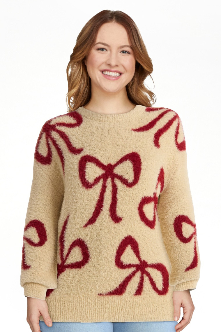 99 Jane Street Women's and Women's Plus Bow Print Pullover Sweater, Midweight, Sizes XS-4X | Walmart (US)