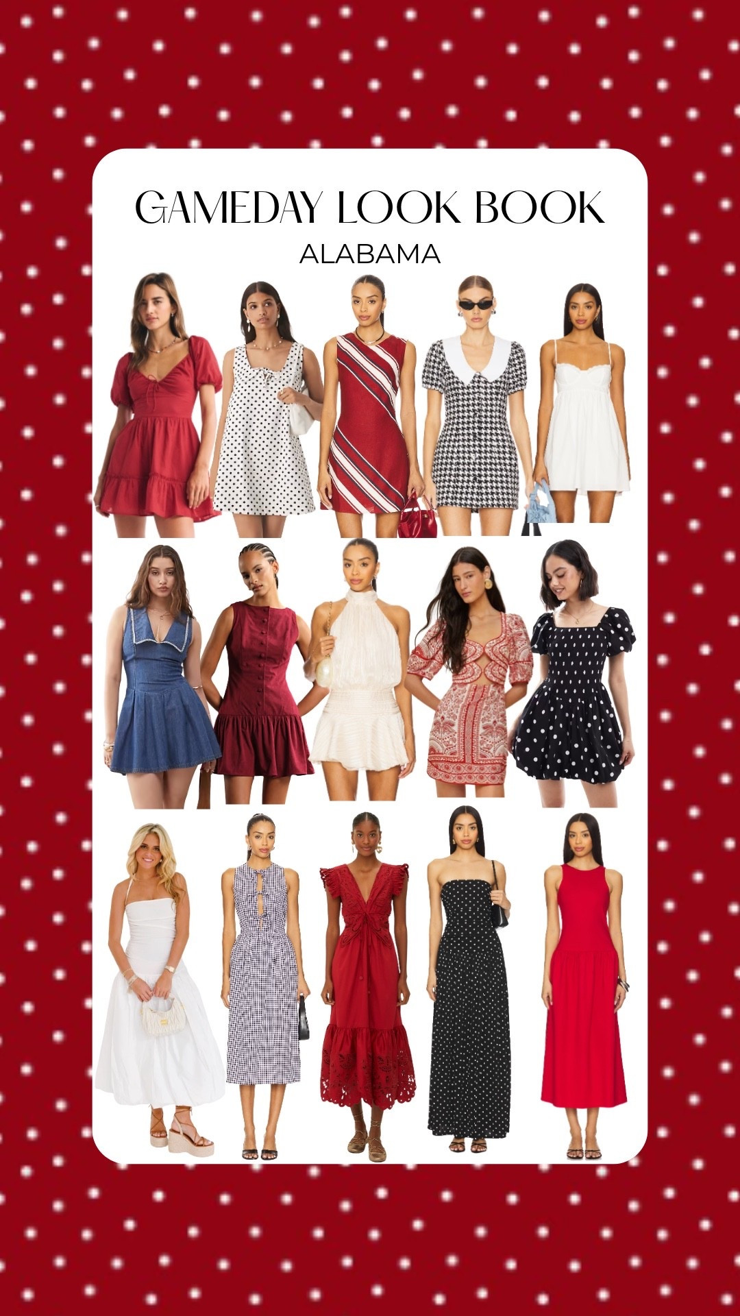 Alabama Gameday outfit inspo !!

Gameday, rush outfit, football season, tailgate outfit, SEC, white dress, polka dot, crimson dress, mini dress, maxi dress, university of Alabama, outfit inspo, college football 

#LTKFindsUnder100 #LTKSeasonal #LTKU
