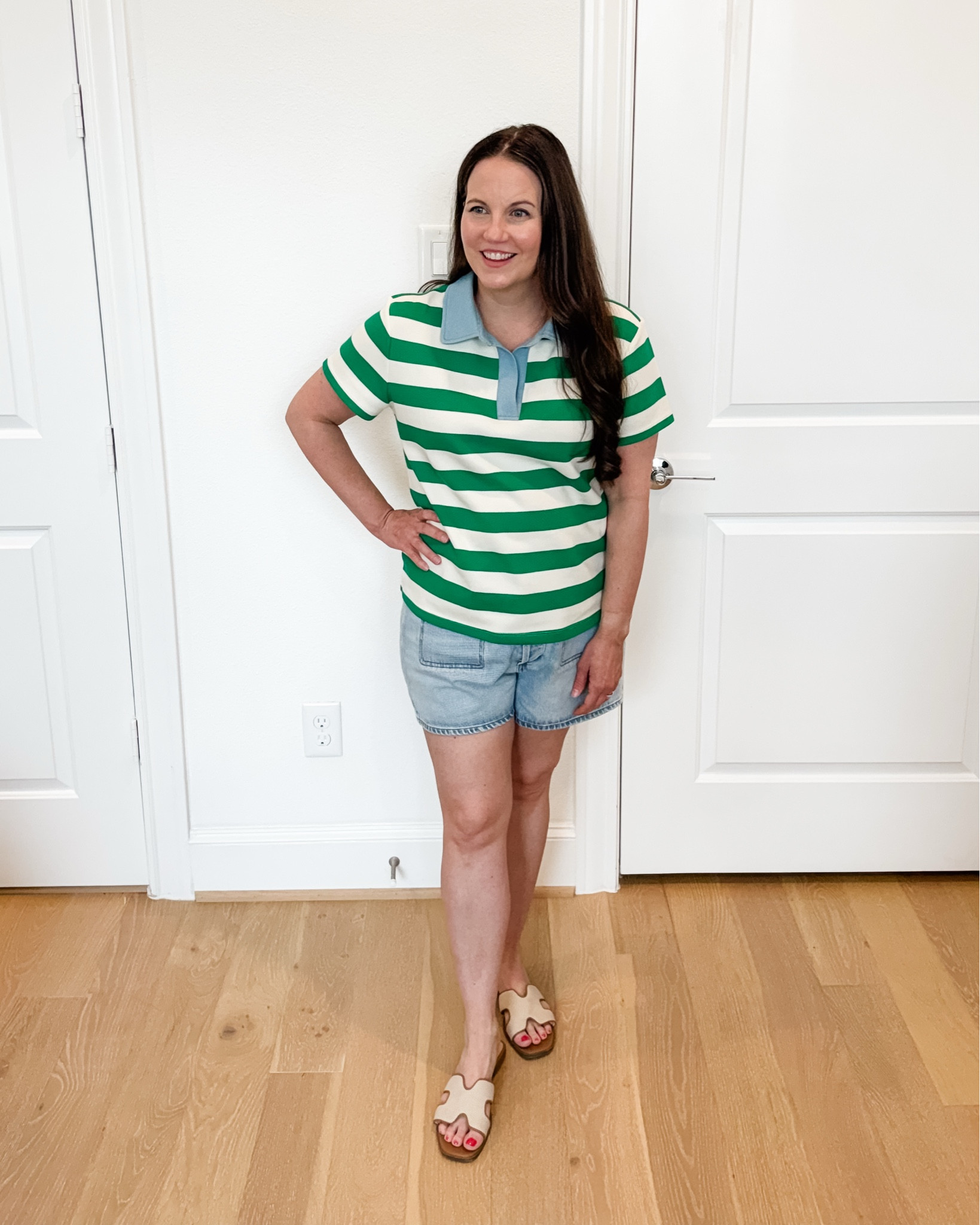 The perfect casual summer outfit for moms on the go! This easy look pairs my green striped polo top with the best denim shorts and comfortable slide sandals for an effortless everyday style. These button fly jean shorts are flattering, versatile, and a staple for summer outfits, whether you’re heading to the park, running errands, traveling, or packing for vacation. If you’re looking for a comfortable and stylish vacation outfit or an easy mom outfit, this classic combination is one you’ll wear on repeat all season long.
Want to try Nuuly? Reach out for a discount code.

#LTKSeasonal #LTKOver40 #LTKPetite