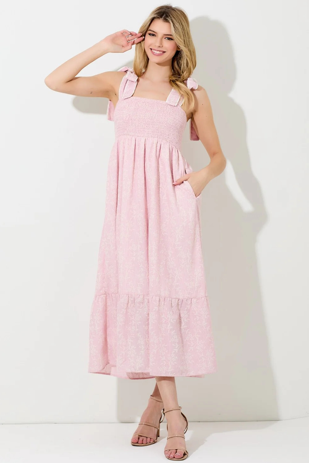 Pink Floral Smocked Shoulder Tie Midi Dress - Medium | PinkBlush Maternity