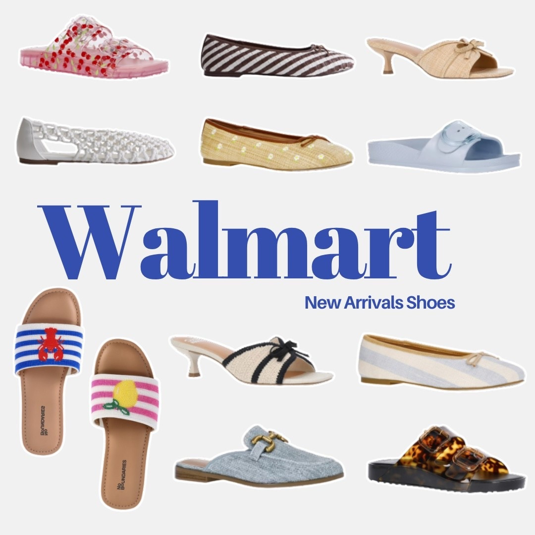 Walmart new arrival shoes that are so good right now and I cannot believe how many incredible styles just dropped 🤍✨ Cherry print jelly slides, striped ballet flats, a raffia kitten heel, embellished crystal flats, daisy raffia ballet flats, a powder blue buckle slide, beaded lobster slides, a crochet kitten heel mule, striped bow ballet flats, a denim horsebit loafer, and tortoise double buckle sandals — every single trend covered and every single one so affordable. Everything is linked! 

#LTKWorkwear #LTKTravel #LTKSeasonal