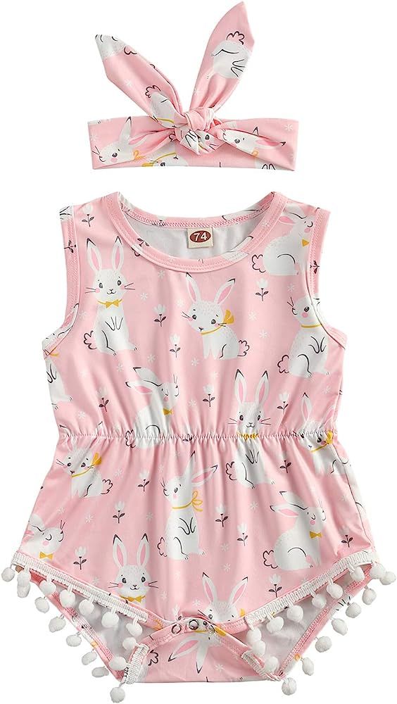 Toddler Newborn Baby Girl Easter Outfits Bunny Print Floral Romper with Headband Summer One-Piece... | Amazon (US)