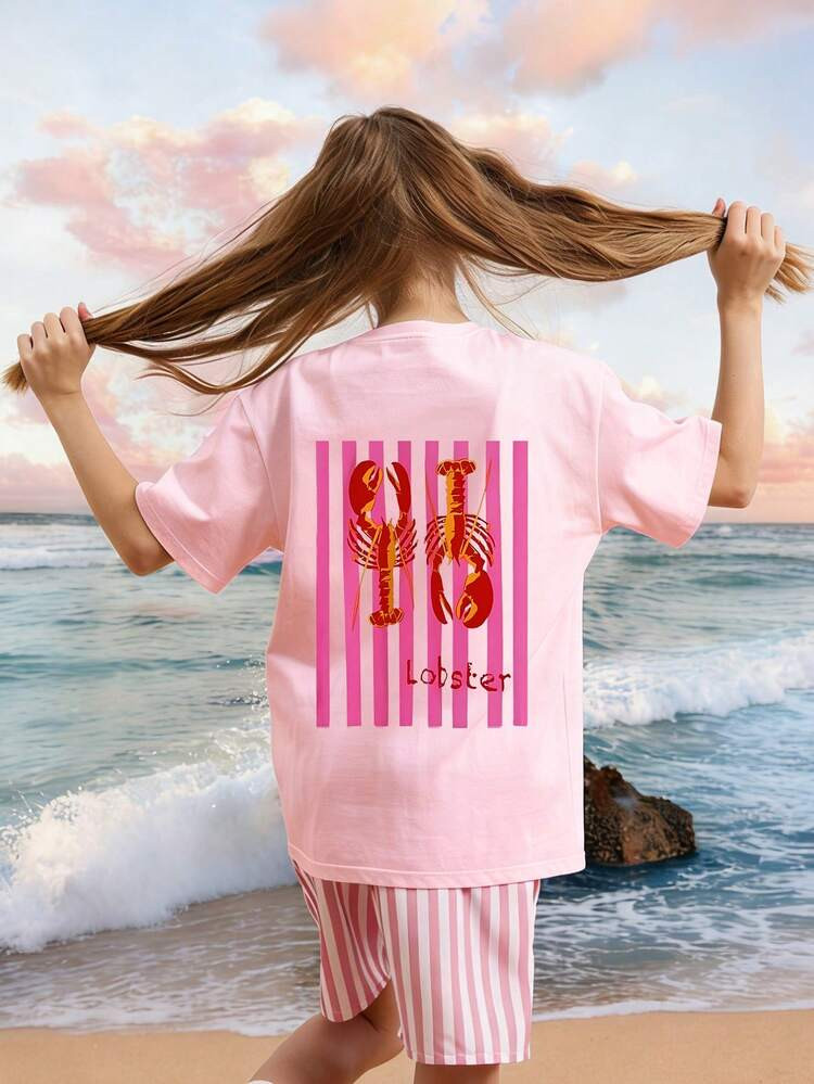 1pc Tween Girls' Tropical Lobster Print Short Sleeve Pullover T-Shirt, Student Youth Apparel, Suitable For Beach Play | SHEIN