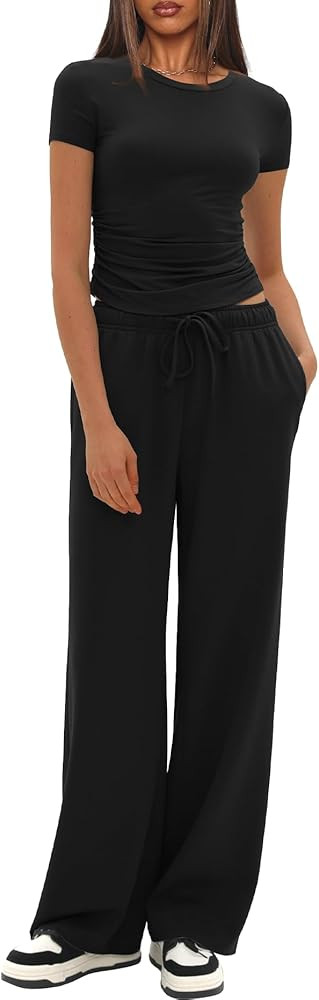 Darong Women's 2 Piece Outfits Casual Short Sleeve Pullover Tops and Wide Leg Pants Tracksuits Lo... | Amazon (US)