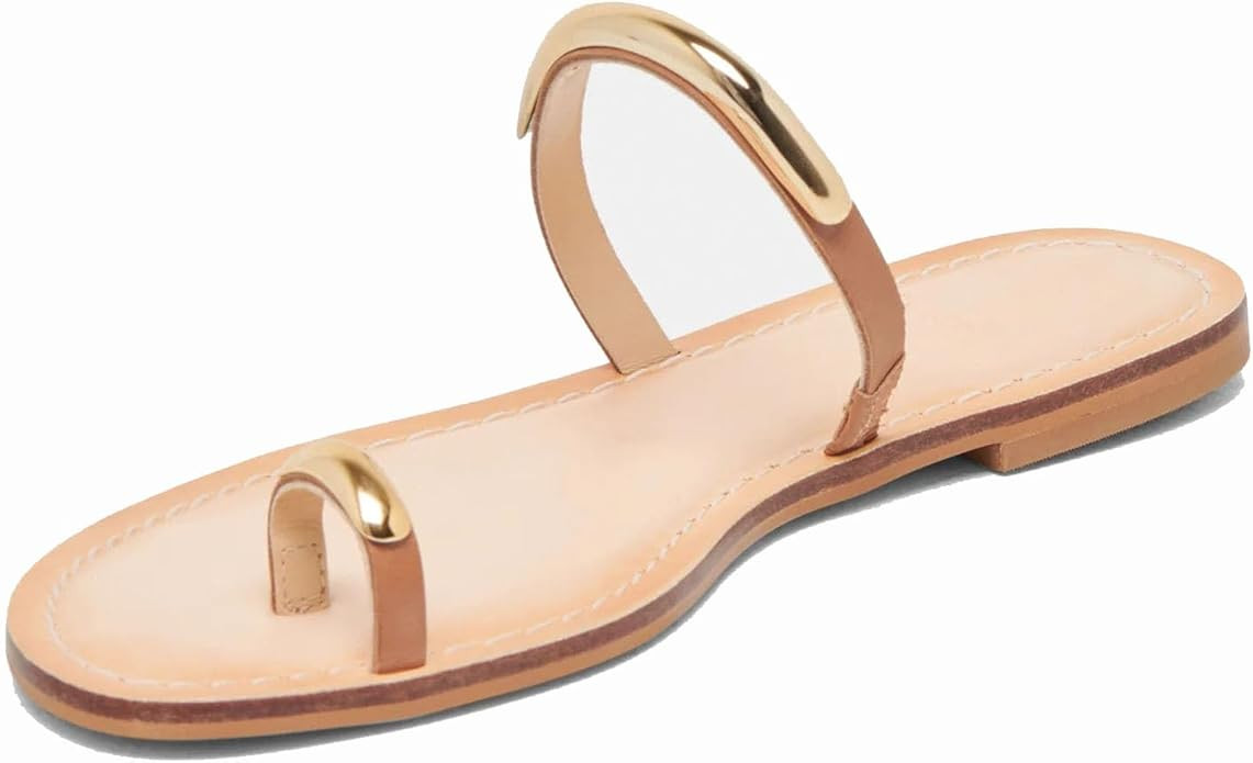 Flat Sandals for Women Metallic Toe Ring Slippers with Strap Comfortable Open Toe Summer Beach Fl... | Amazon (US)