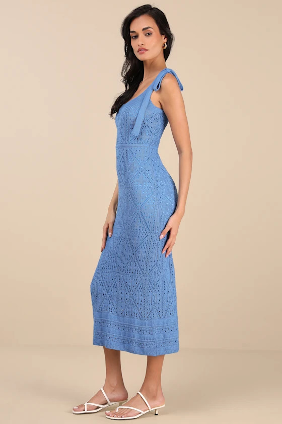 Adorable Darling Blue Crochet Tie-Strap Midi Dress | Lulus