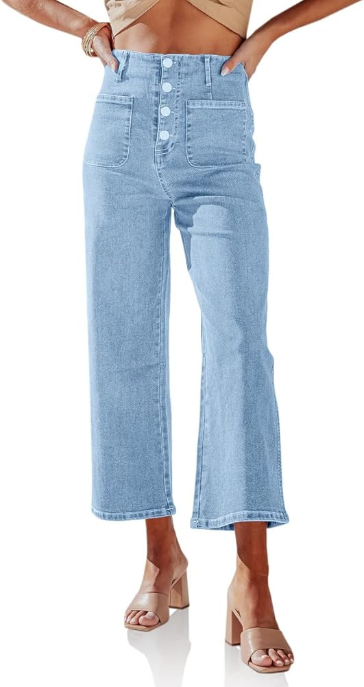 Cicy Bell Womens High Waisted Cropped Jeans Trendy Stretchy Button Fly Straight Wide Leg Capri De... | Amazon (US)