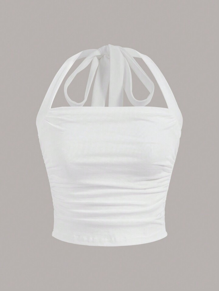 SHEIN EZwear Summer Solid Ruched Halter Top | SHEIN