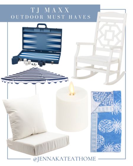 Get your outdoor patio and backyard ready for the summer with these items from TJ Maxx, including white rocking chair, neutral cushions, outdoor LED candles, striped umbrella, backgammon game, and blue and white pineapple towels. Coastal style home decor.

#LTKSeasonal #LTKHome #LTKFamily
