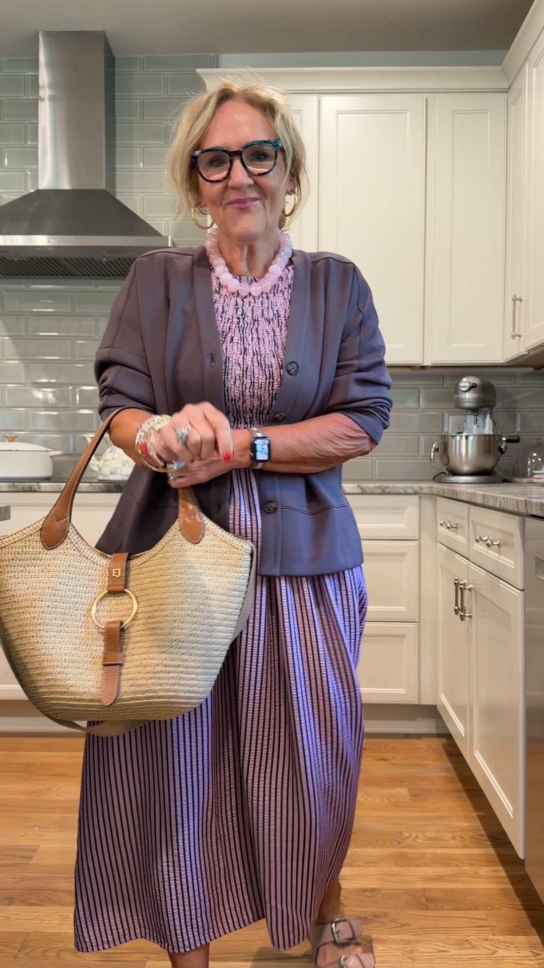 Anthropologie dress size medium. I belted  it to bring the dropped waist up a bit. 
Cardigan on sale! Size medium 
I’ll link similar slides as mine are limited. I thought they ran a bit big. 
20% off on my bracelets code NANETTE20

#LTKSaleAlert #LTKOver40 #LTKootd