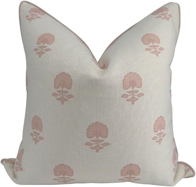 Lauderdale Pink Blockprint Pillow Cover Grandmillennial 20"x20" Pink Pillow Premium Fabric Throw ... | Amazon (US)