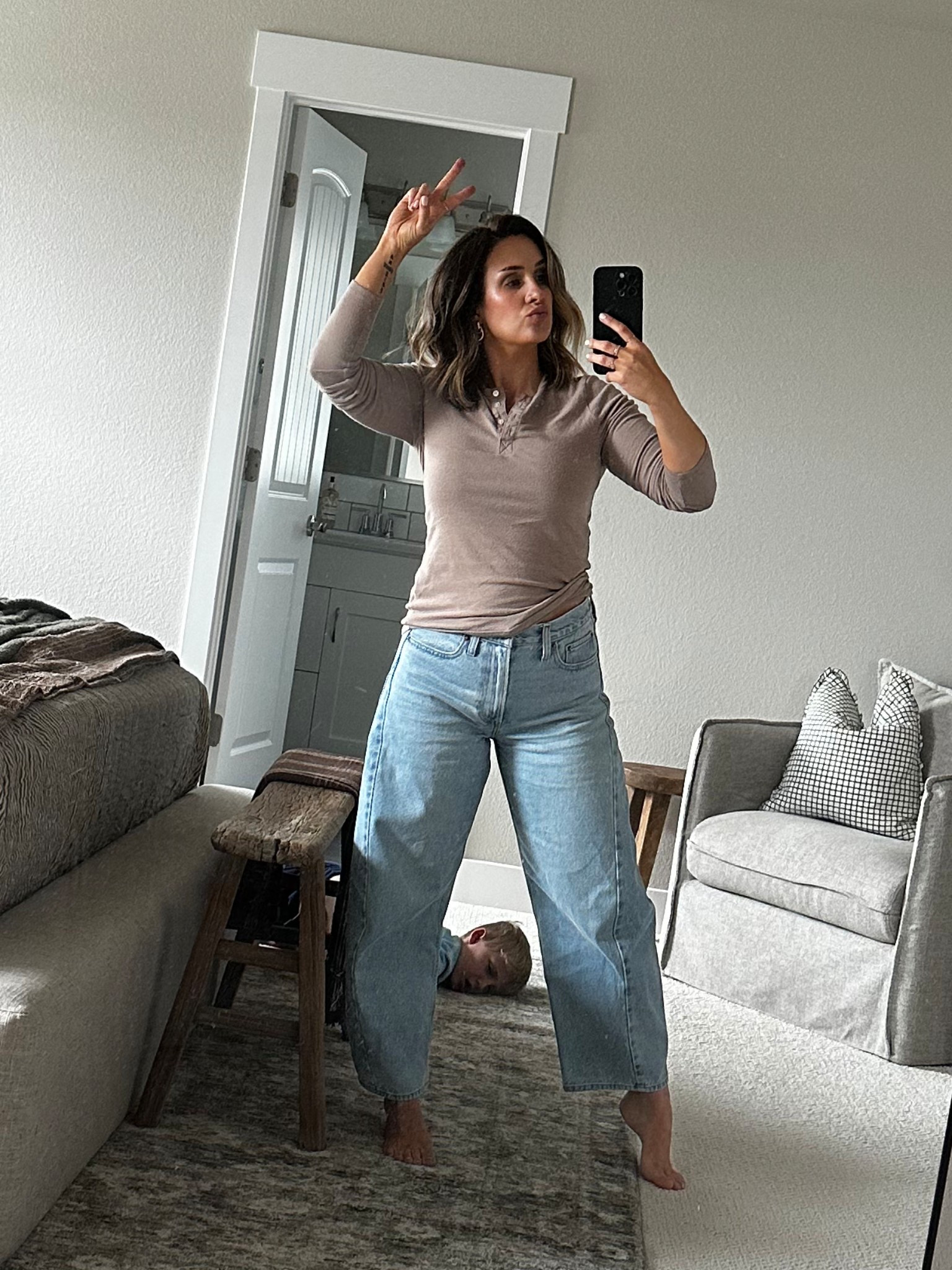 Wearing a size S for the shirt
27 short for jeans (sized down)